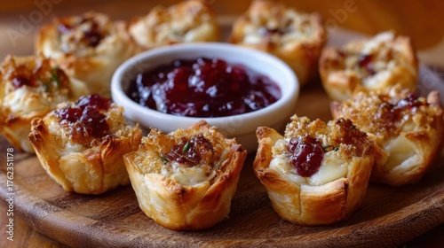 Cranberry brie bites on wooden board garnished with herb toppings