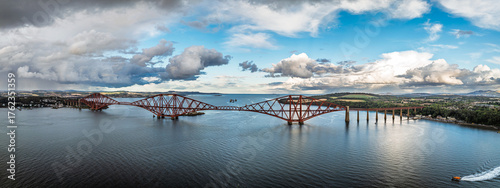 Obraz na płótnie Forth Bridge from a drone, Queensferry Crossing, Forth Estuary, Scotland