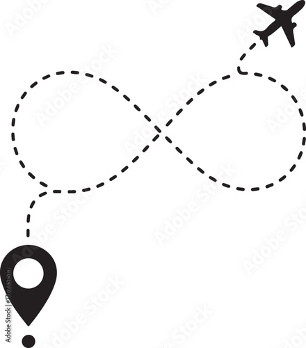 Airplane flying on a dotted line route from a location pin icon on a white background flight travel
