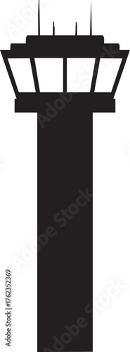 Air Traffic Control Tower Silhouettes Isolated Flat Element Minimal Design White Background