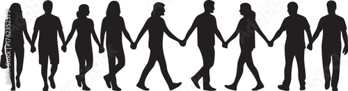 Diverse Couples Walking Hand In Hand Silhouettes Isolated Flat Element Minimal Design
