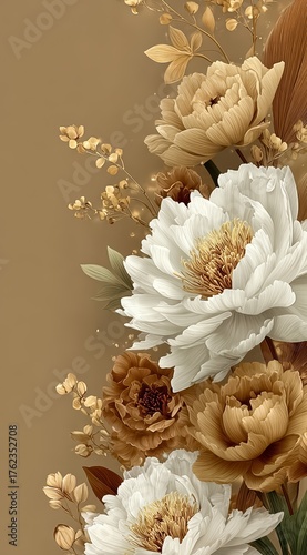 Beautiful bouquet of flowers with a brown background. The flowers are white and yellow. Scene is one of serenity
