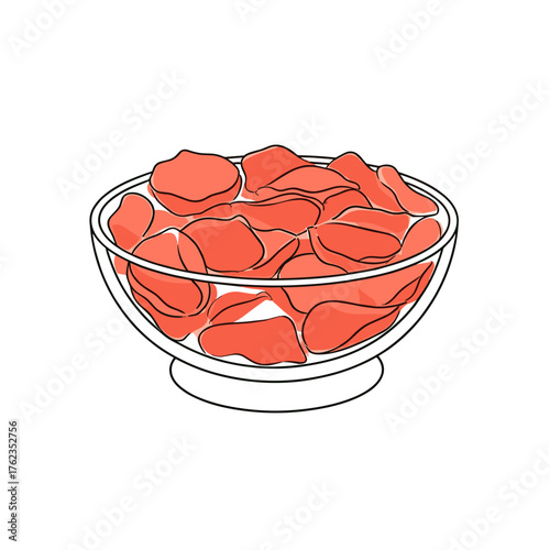 Glass bowl filled with red flower petals, spa decor isolated vector