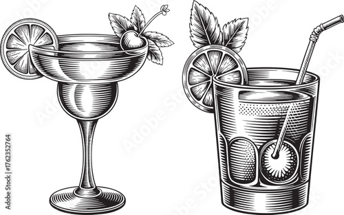 Alcoholic cocktails Hand drawn style  silhouette set isolated on transparent background