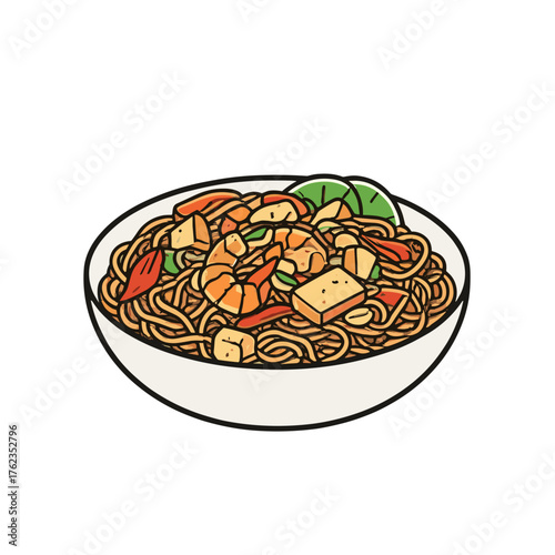 Bowl of Pad Thai rice noodles with tofu, vegetables and lime, isolated