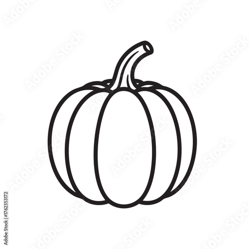 Black and white line drawing of a pumpkin with a stem and curved segments squash gourd