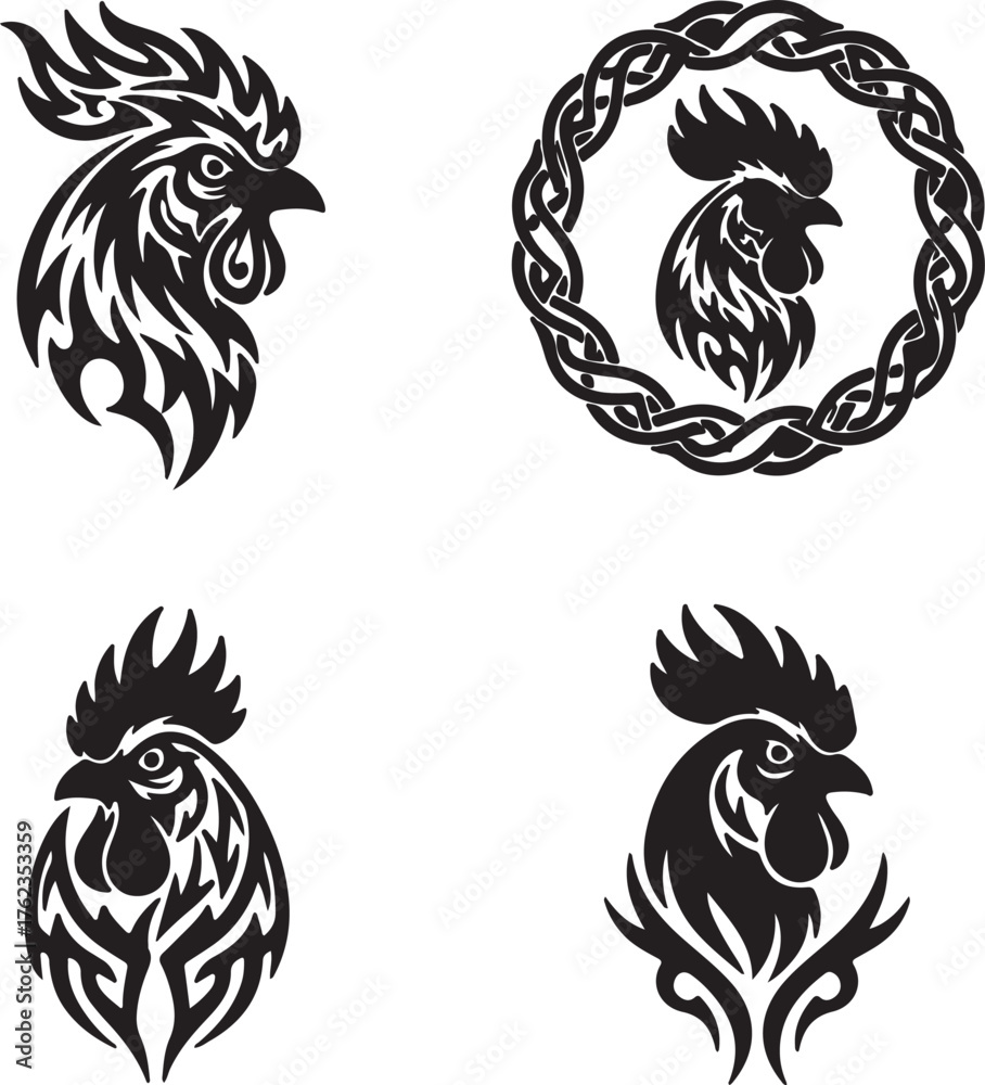 Obraz premium Tribal rooster head tattoo designs majestic fierce bird symbols artistic tattoo art primitives