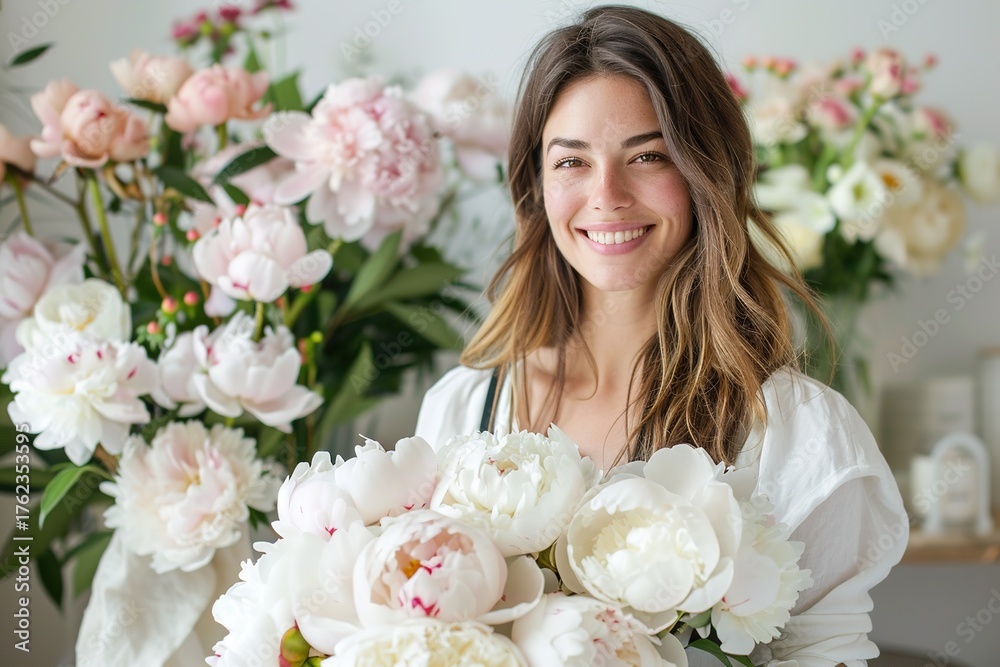 Naklejka premium woman smiles brightly while holding large bouquet of white peonies in floral shop. Surrounding her are various flowers, creating vibrant, colorful atmosphere in store