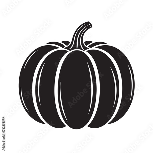 Black silhouette of a pumpkin with ribbed texture and stem on a white background squash gourd