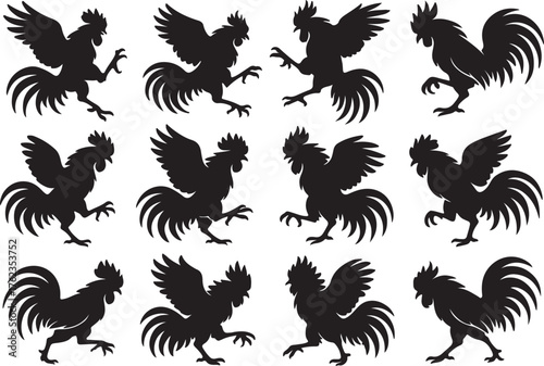 Dynamic rooster silhouettes collection capturing various energetic poses and combative stances symbolizing strength and vitality for agricultural or farm themed designs