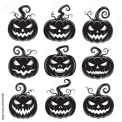 Nine black carved Halloween pumpkins with spooky faces and swirling stems on a white background