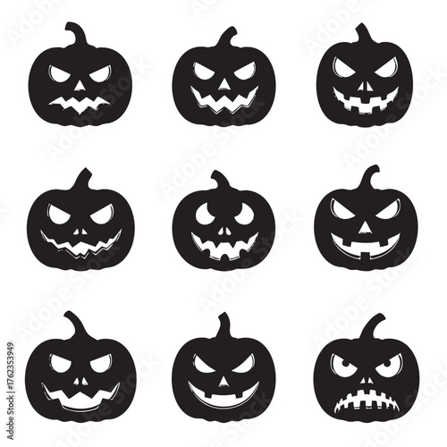 Nine black silhouette Halloween jack o lantern pumpkin faces with carved scary expressions on white background