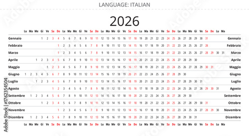 2026 italian linear planner calendar. Italy. Vector illustration