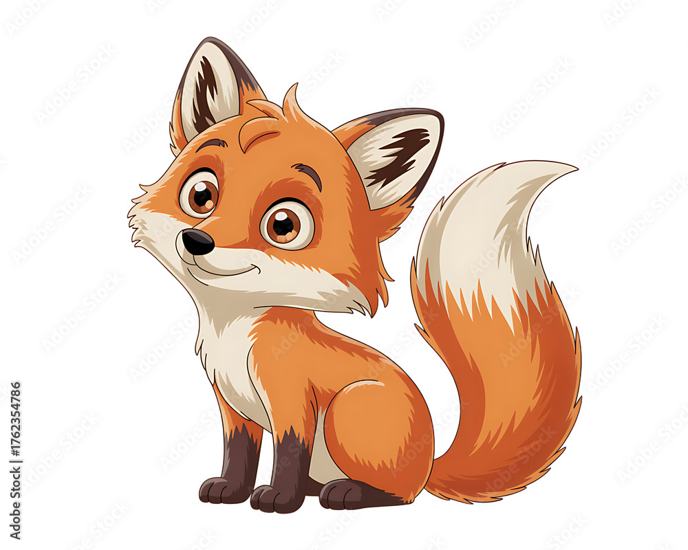 Obraz premium Cute cartoon fox sitting with fluffy tail and big eyes