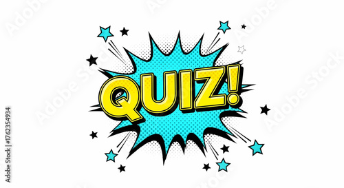 A vibrant pop art quiz banner in a classic comic style vector design featuring an explosion and bright colors