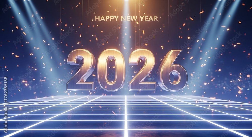 Naklejka premium Happy New Year 2026 celebration with golden text and confetti background