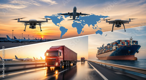 Integrated and innovative global logistics Air sea land and drone freight transport Future of the supply chain development and technology