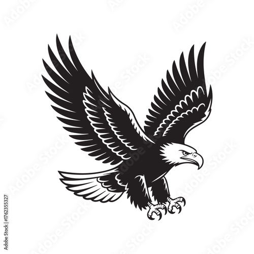 Black vector illustration of a flying eagle silhouette with wings and a beak design for a logo or tattoo