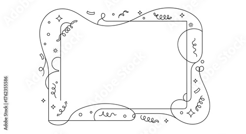 Festive confetti and sparkle frame in black and white line art, celebration decoration concept