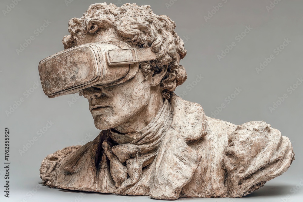 Naklejka premium Old sculpture wearing a vr headset, blending technology and art