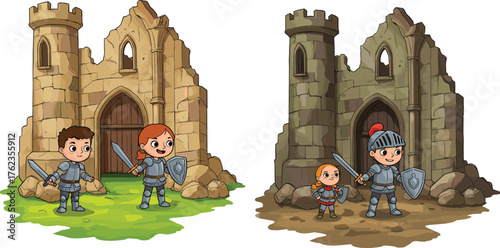 Children knights, medieval castle ruins, fantasy play, sword and shield, teamwork, adventure scene, armor costume, battle pose, outdoor imagination, roleplay