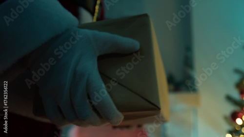 Santa Claus walks with Christmas present