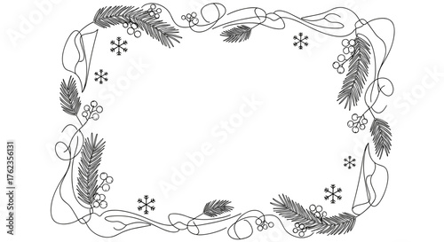 Pine Branch Frame with Red Berry and Snowflake for Winter Holiday Decoration