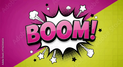 Dynamic pop art BOOM! text in comic style, vector illustration of an explosion with bright colors