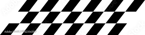 Racing flag with diagonal checkerboard pattern on a stylized band, dynamic black and white graphic element for motorsport and speed concepts, slanted stripe for action, victory, and finish line themes