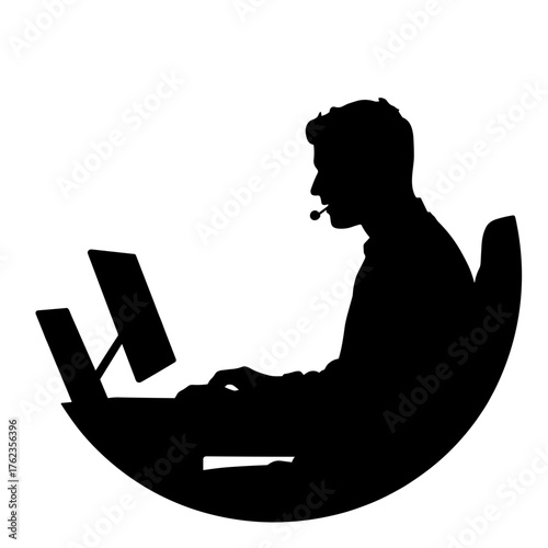Silhouette of man with headset working on computer, online communication and customer support service