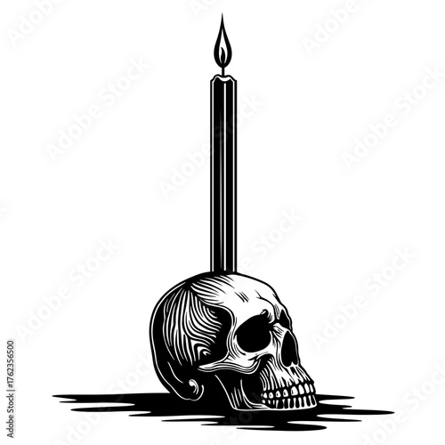 Bleeding candle on skull, Halloween decoration and ritual prop for gothic still life and haunted symbolism