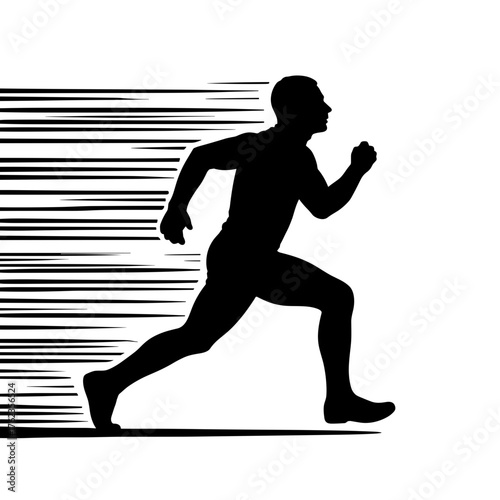 Silhouette of person running with speed lines on white background, concept of high-speed motion and athletic performance