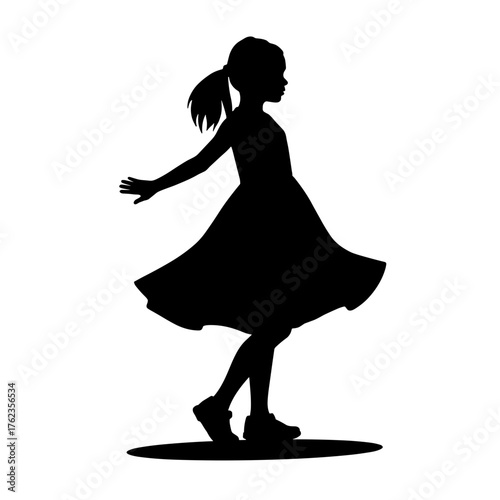 Silhouette of young girl spinning in dress on white background, expression of freedom and joy
