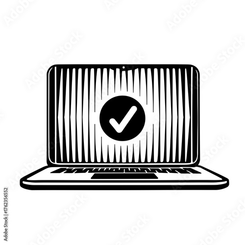 Laptop with checkmark badge in abstract vertical line design, digital workflow and task completion concept