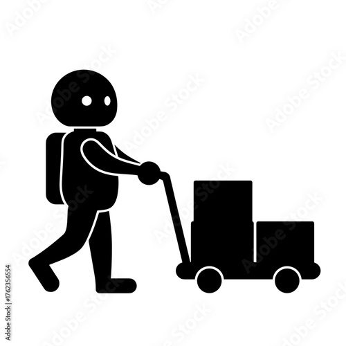 Silhouette of robot transporting packages on cart, automation in logistics and supply chain management