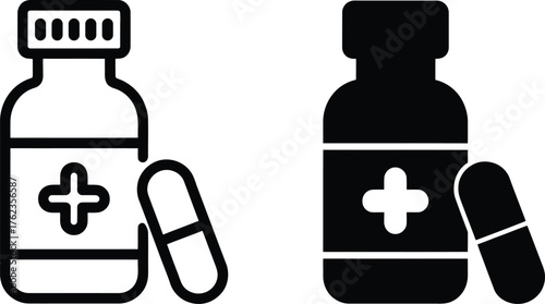 Medicine bottles and pills depicted in a simple black and white silhouette.