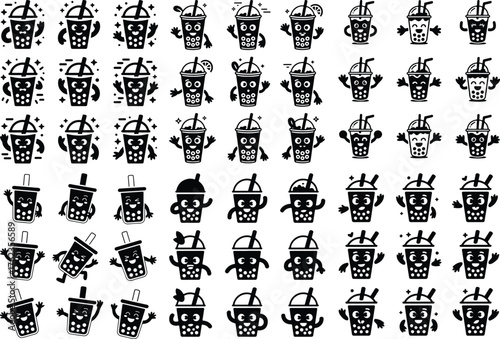 Cartoon Boba Drink Icon Set Smiling Bubble Tea Cup Vector Collection
 