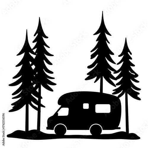 Camper silhouette among snow-covered trees in winter forest, seasonal vanlife and cold weather travel