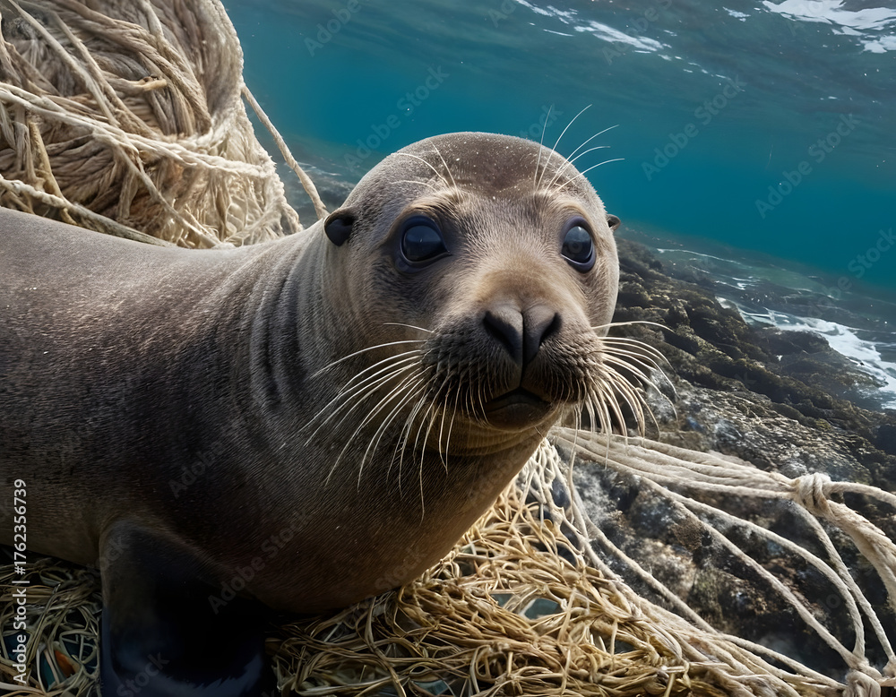 Obraz premium A fur seal was caught in a fishing net on the ocean shore. Close-up. Marine animal protection concept, sea lion on the beach