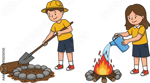 Children practicing campfire safety, outdoor learning, fire pit setup, extinguishing flames, nature activity, teamwork moment, forest camping, prevention task, safe adventure, fun skill