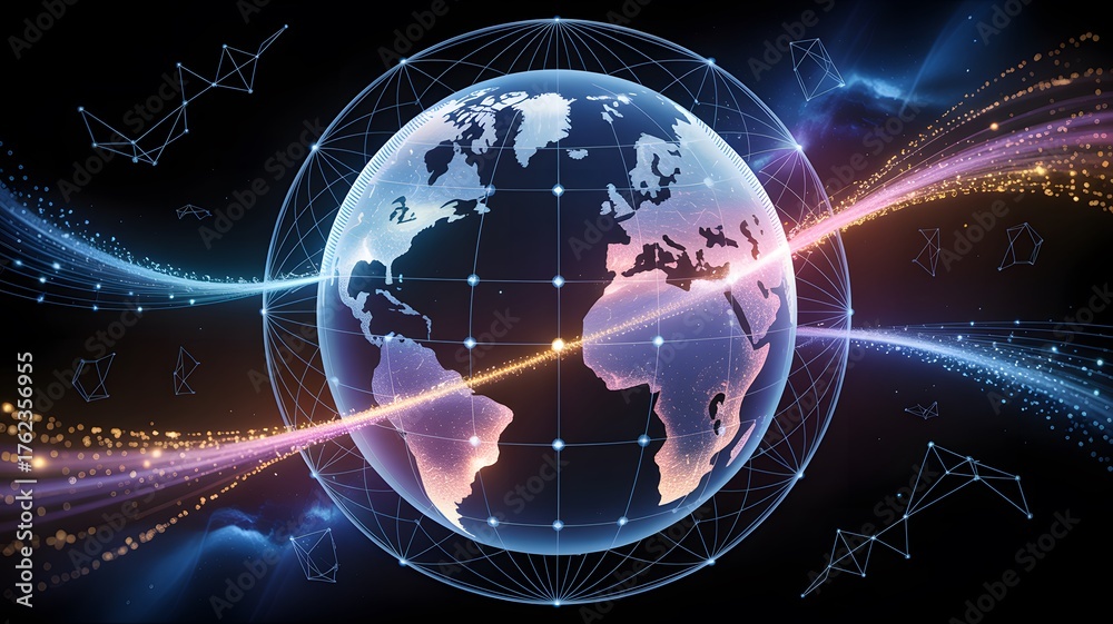 Fototapeta premium Digital Earth with Global Network Connections and Light Streaks