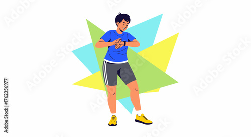 Athletic Man Examining Smartwatch During Workout With Abstract Background