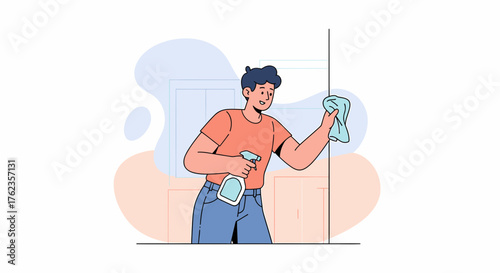 Man Cleaning Glass With Spray And Cloth In Modern Illustration