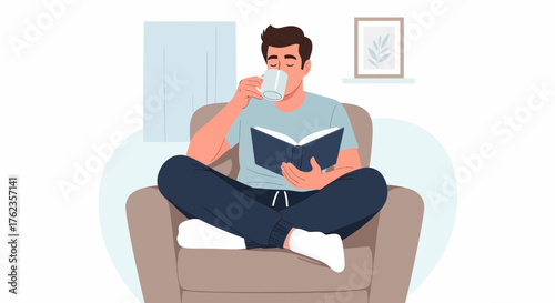 Man Enjoying Coffee And Book In Armchair At Home Relaxation