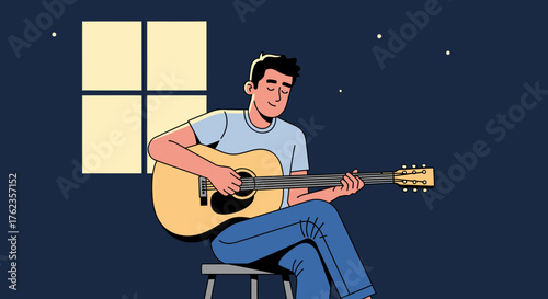 Man Playing Guitar At Night Sitting By Window Illustration