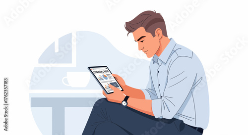 Man Reading Financial News On Tablet With Coffee And Calm Vibe