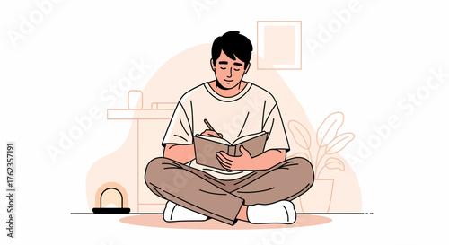 Man Relaxing At Home, Writing in a Journal While Sitting