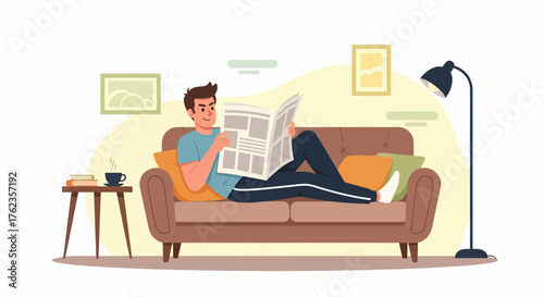 Man Relaxing At Home Reading Newspaper On Couch Illustration