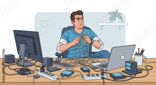 Man Struggling With Tangled Cables Amidst Cluttered Workspace At Home