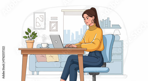 Woman Working From Home Comfortably At Desk With Laptop